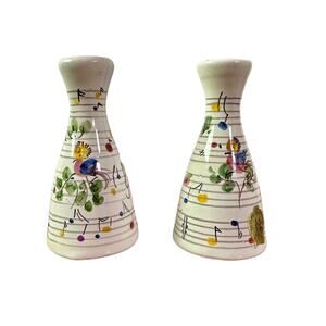 VTG Set 2 Ulmer Keramik German Hand Painted Porcelain Musical Notes & Bird Vases